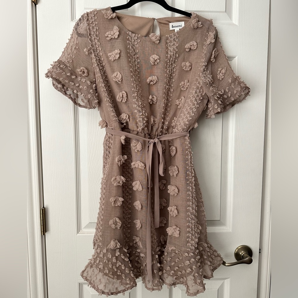 Tan Pom Polka Dot Dress for Spring or Summer / Cute Polka Dot Pom Pom Dress